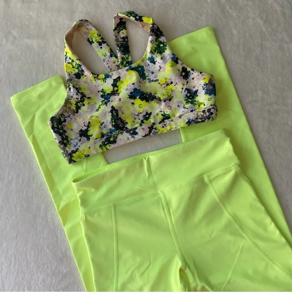 Old‎ Navy PowerSoft Leggings and Sports bra Set Neon Yellow Active Size 10/12